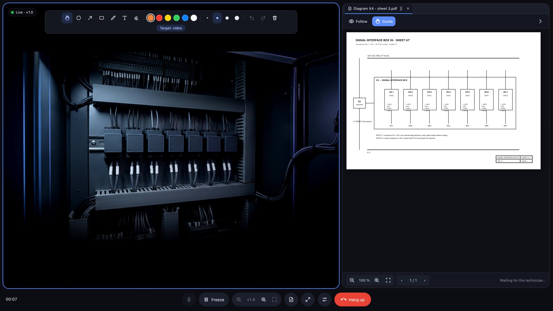 The Vizr console with a wiring diagram open beside the live view