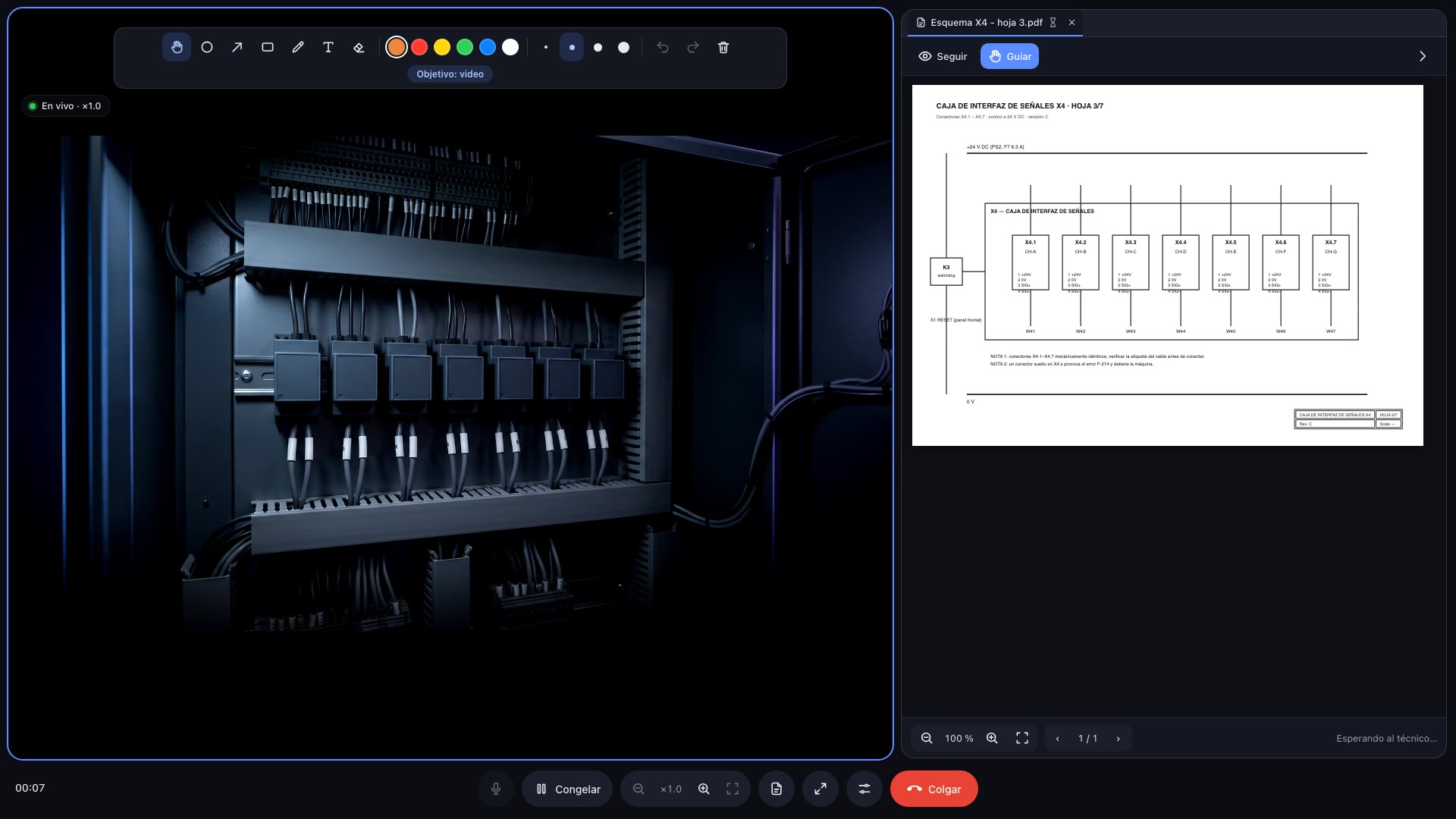 La consola de Vizr con un esquema eléctrico abierto junto a la vista en vivo
